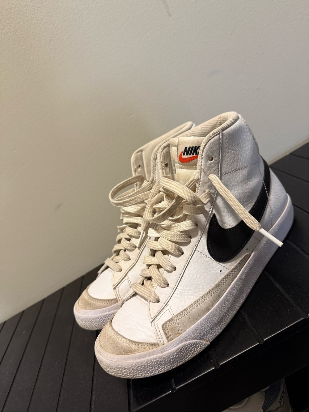 Nike Women's High-Top Sneakers in White with Black Swoosh and Beige Accents